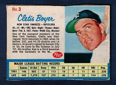 1962 Post Cletis  Clete  Boyer #3 New York Yankees F • $0.99