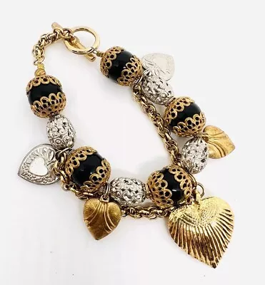 Chunky Ornate Filigree Puffy Hearts Glass Beaded Charm Bracelet Vintage Jewelry • $47.50