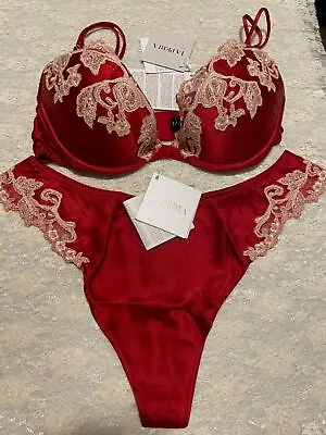 La Perla Maison 36C L Silk Bra Thong Set Lurex Frastaglio Embroidery Red • $446.49