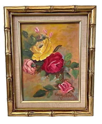 Vintage Original Floral Oil Painting. Pink & Green. Gilt Frame 13x16” • $125