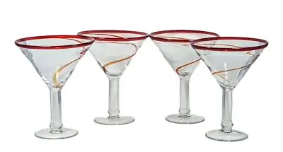 Set Of (4)  Pier 1 SWIRLINE Large Jumbo  Martini Glasses  Red Rim Orange Swirl • $35.99