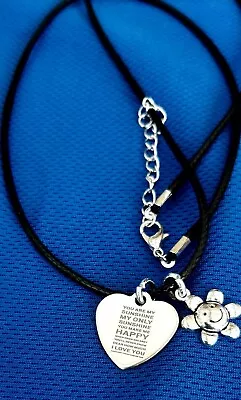 You Are My Sunshine Stainless Steel Heart Pendant Smiley Sun Charm Cord Necklace • £3.75