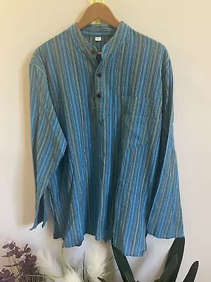 L 100%  Cotton Hippie Festival Grandad Button Shirt Long Sleeve Lightweight • £20