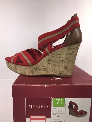 Merona Womens Wedge.sandals Size 7.5 M Red Fabric Double Cross Strap Cork Shoes • $29.87