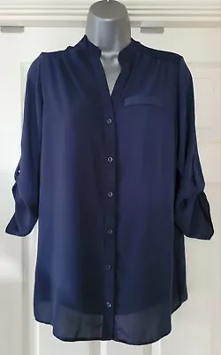 TU @ Sainsburys Navy Mandarin Collar Blouse Shirred Detail Size 12 VGC  • £5