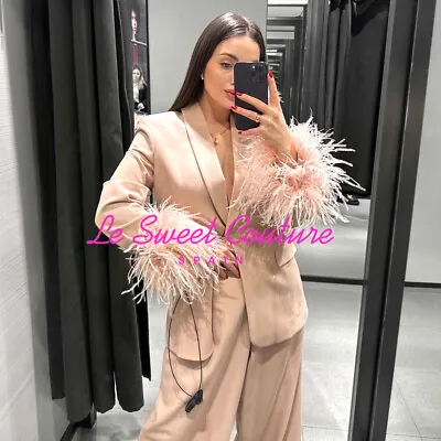 $163.90 • Buy Zara Woman Nwt Ss23 Straight Blazer With Feathers Jacket Beige Pink 2392/707