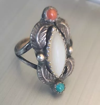 VTG Silver Navajo Four Feather Coral Mother O Pearl Turquoise Ring • $45