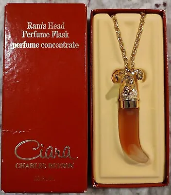$100 • Buy 1970s Ciara Charles Revson Ram's Head Perfume Flask W/ Necklace NEW Vintage