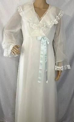 VTG M Peignoir Ivory Nightgown Shadowline Double Chiffon Embroidered Lace • $129.99