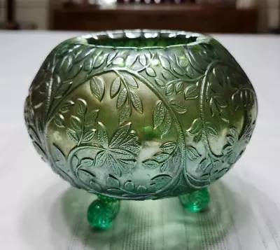 Vintage Westmoreland Carnival Glass Louisa Green Iridescent 3-footed Rose Bowl • $35