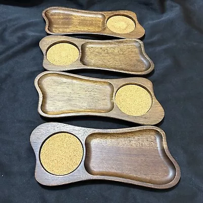 4 Vtg Imperial Japan Snack & Coaster Trays 9.5” TV Tray Hand Carved Hardwood MCM • $22.99