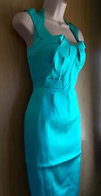 Karen Millen Turquoise Signature Satin Evening Wedding Pencil Dress UK 10 US 6 • £99.95