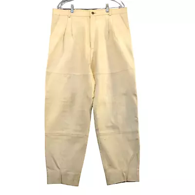 Bagazio Men's Leather Pants Cream Size 36 Pleated Front Slash Pockets • $100