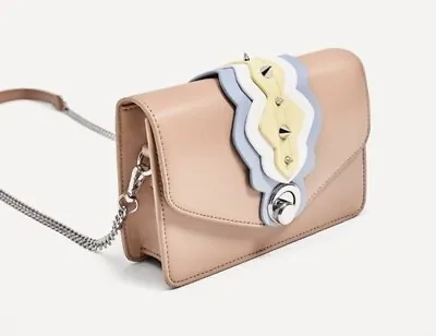 $30 • Buy Zara TRF Light Pink Tan Crossbody Handbag Silver Chain Studded Purse Clutch