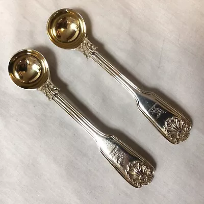 Pair 1839 Mary Chawner Solid Silver Fiddle Thread & Husk Salt Spoons. Gilded • £199