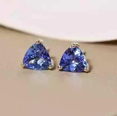 2CT Trillion Cut Blue Tanzanite Lab Created Stud Earring 14K White Gold Plated • $48.99