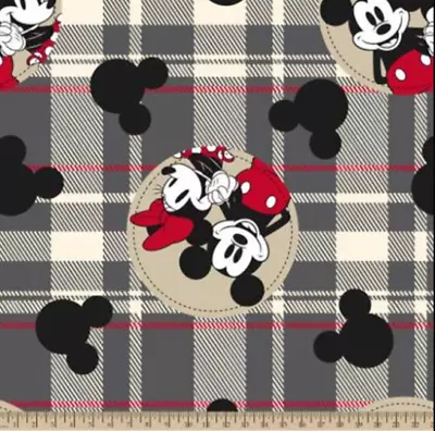 Fabric Disney Mickey & Minnie Mouse Gray Red Plaid Fleece 1 Yard X 58  W NEW • $18.99