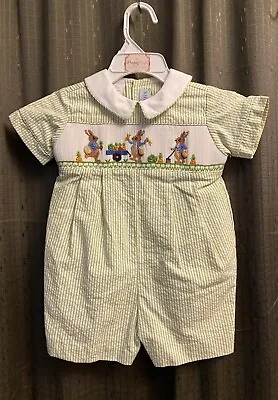 Boys NWT Vive La Fete Smocked Romper Easter Storybook Rabbit Fuzzy Tails 6 Mos • $37.37