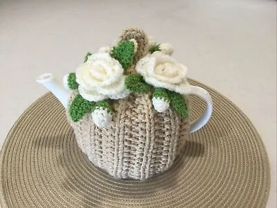 Extra Thick Latte  Hand Knitted 4 Cup Tea Pot Cosy With Rose’s & Buds New • $25