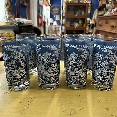 8 Currier Ives Vintage Royal Blue Tumblers Frosted 12oz Old Grist Mill • $48