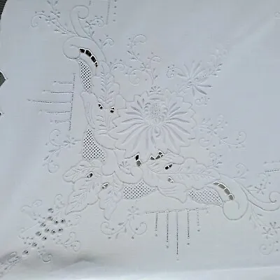 Vintage White Cotton Linen Madeira Grape Embroidered 66 X102  Banquet Tablecloth • $175