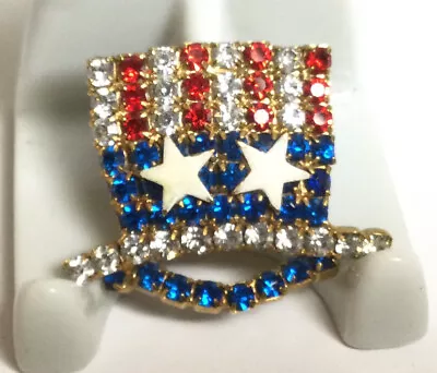 Awesome Vintage Red White & Blue Rhinestone Uncle Sam Hat Brooch Pin  Stars • $9.49