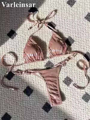 PU Faux Leather Halter Mini Thong Bikini Female Swimsuit Women Swimwear Two-p... • £25.50