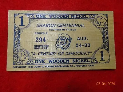 Vintage Wooden Nickel Sharon Pennsylvania 1841-1941 Mint Piece • $6