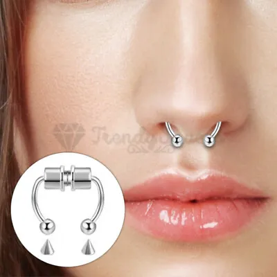 1x Silver Tone Surgical Steel Faux Septum Nose Ring Magnetic U Shaped Open Hoop • £3.99