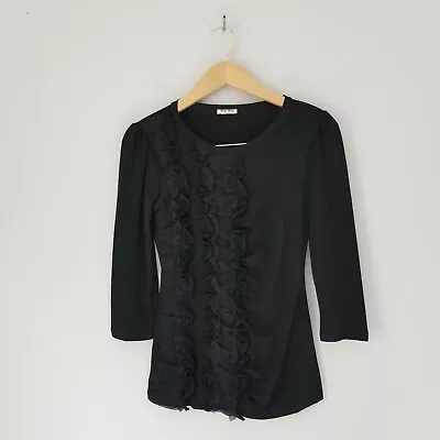 Miu Miu Womens Sz Large Fashion Blouse Ruffled Trim Black Three Quarter Sleeve • $62.50