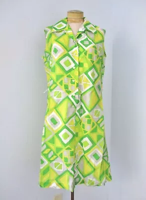 Vtg 60s 70s Mod Green Yellow Geometric Acetate Crepe Dress Dagger Collar L/XL • $32