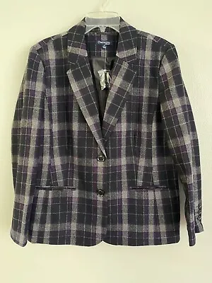 Chadwick's Size 14 Petite Gray Purple Plaid Wool Blend Classic Two Button Blazer • £34.63