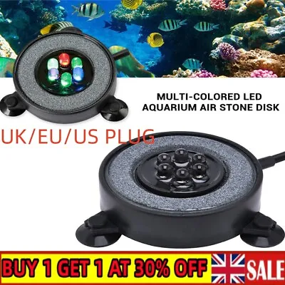 LED Aquarium Light Fish Tank Bubble Pump Round Air Stone Disk Color Changing • £13.49