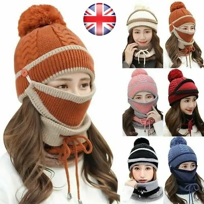 £5.89 • Buy Women's Fleece Lined Knit Beanie Hat Scarf Mask Set Winter Warm Pom Pom Ski Hats