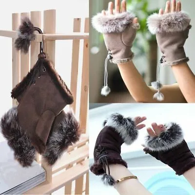 $6.39 • Buy New Genuine Soft Warm Wrist Winter Color Women Rabbit Fur Fingerless Gloves,.