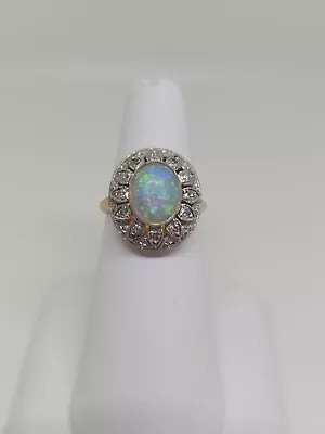 14k Two Tone Gold Vintage Natural 1.70 Carat Opal And Diamond Halo Ring Size 6.5 • $699.99