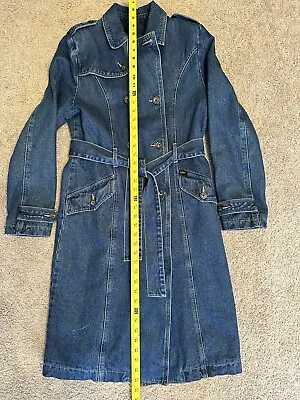 RARE Lee Womens Medium Blue Denim Long Trench Coat Double Breasted Quilted NICE! • $75