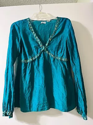 Julio Mango Long Sleeve Teal Crepon Silk Top With Sequins • $10