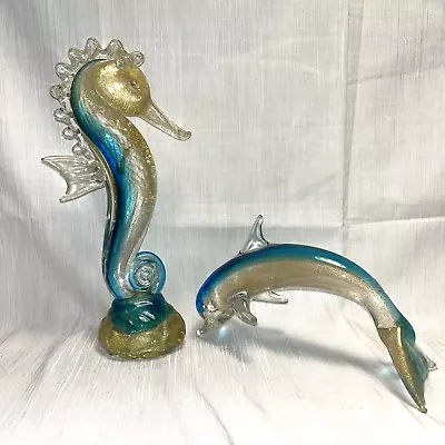 Seahorse Dolphin MURANO ART GLASS BLUE Gold Fleck Italy Cose Belle Rare Signed • $200