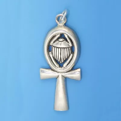 Large Egyptian Ankh Cross With Scarab Beetle 925 Sterling Silver Charm Pendant • $21.95