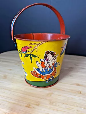 Vintage 1940s  Tin Lithograph Childrens Sand  Pail MARY HAD A LITTLE LAMB • $60