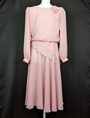 Vintage 80s Dress Pink MOB Semi Sheer Ursula Switzerland Misses Size 9/10 • $53.95