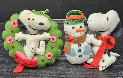 2 Vtg Peanuts “SNOOPY” Felt Sequin Christmas Ornaments Snoopy W/Wreath & Snowman • $24.04