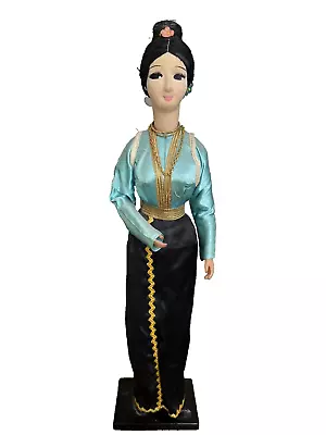 Vintage Vietnamese Cloth Face Doll 17  On Black Wood Stand Silk Clothes Painted • $16.14