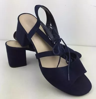 M&S Extra Wide Fit Womens Navy Blue Velvet Feel Block Heel Strappy Shoes UK 7 VG • £14.99