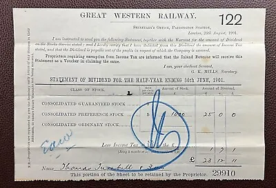 £9.99 • Buy 1901 Great Western Railway Share Dividend Warrant