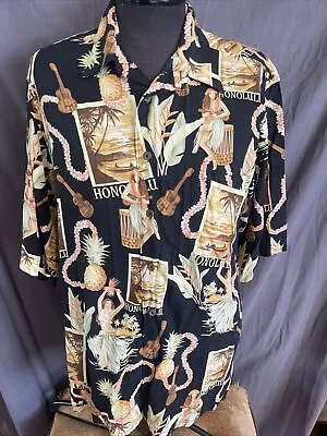 Vintage Reyn Spooner Button Down Hawaiian Shirt Postcard Hula Girl Ukulele XL • $109.51