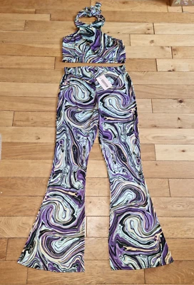£4.99 • Buy *missguided* Gorgeous Wavy Print Halter Neck Bra Let Top & Flare Trousers Bnwt