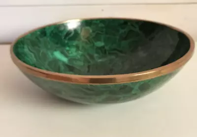 Vintage Green  Malachite Bowl  With  Brass  Rim - 11 3/4 Inches • $255