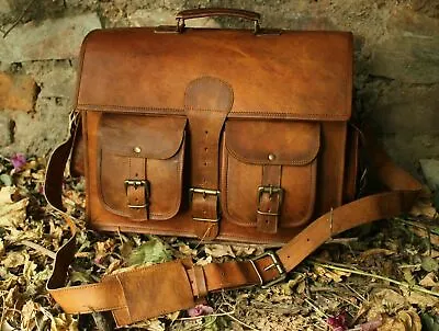 Large Leather Briefcase Messenger HandBag Laptop Bag Genuine Vintage Satchel Man • $48.35